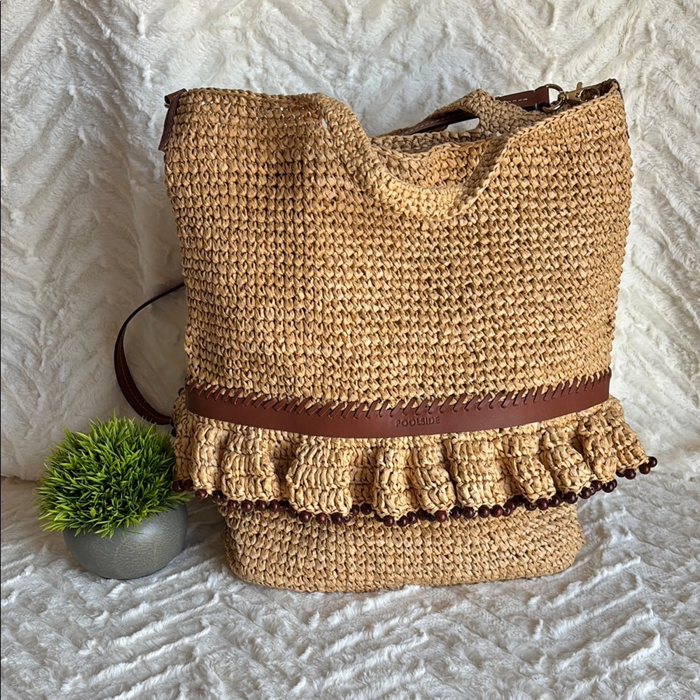 Brown Leather Trimmed Woven Tote Bag